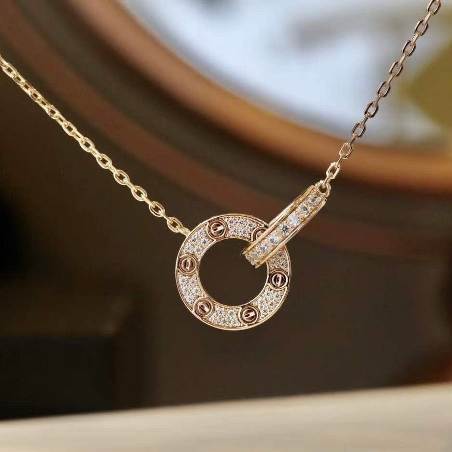[Sophire Jewelry ]LOVE 7.6MM NECKLACE ROSE GOLD AND SILVER  FULL DIAMOND