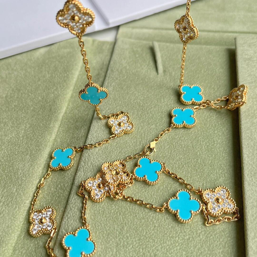 [Sophire Jewelry ]CLOVER 20 MOTIFS TURQUOISE DIAMOND NECKLACE