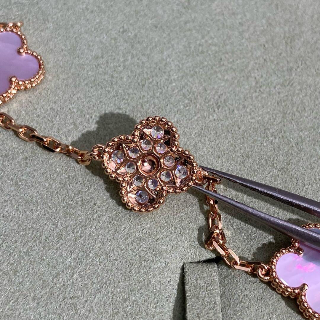 [Sophire Jewelry ]CLOVER 10 MOTIFS DIAMOND PINK MOP NECKLACE
