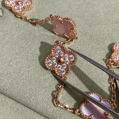 [Sophire Jewelry ]CLOVER 10 MOTIFS DIAMOND PINK MOP NECKLACE