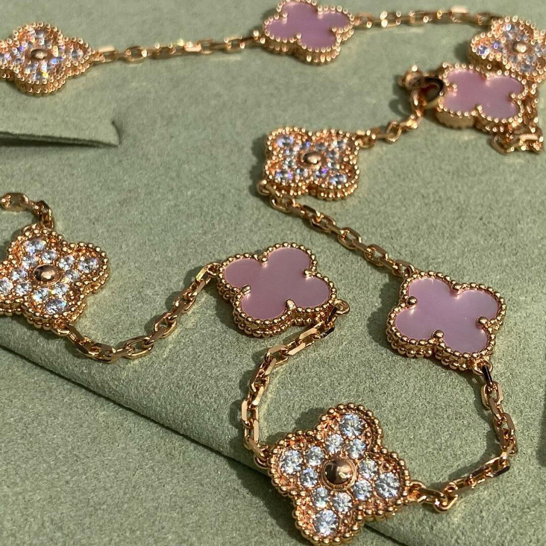 [Sophire Jewelry ]CLOVER 10 MOTIFS DIAMOND PINK MOP NECKLACE
