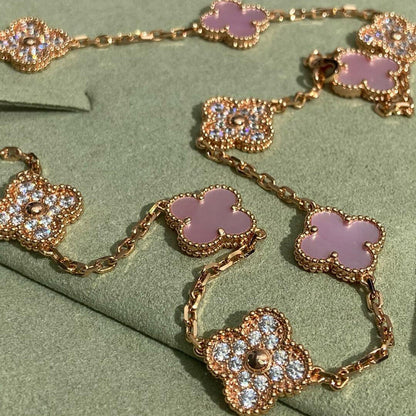 [Sophire Jewelry ]CLOVER 10 MOTIFS DIAMOND PINK MOP NECKLACE