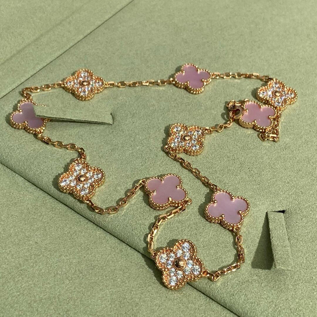 [Sophire Jewelry ]CLOVER 10 MOTIFS DIAMOND PINK MOP NECKLACE