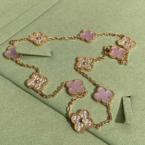 [Sophire Jewelry ]CLOVER 10 MOTIFS DIAMOND PINK MOP NECKLACE