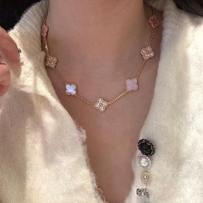 [Sophire Jewelry ]CLOVER 10 MOTIFS DIAMOND PINK MOP NECKLACE