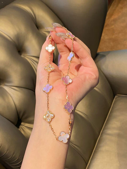[Sophire Jewelry ]CLOVER 10 MOTIFS DIAMOND PINK MOP NECKLACE