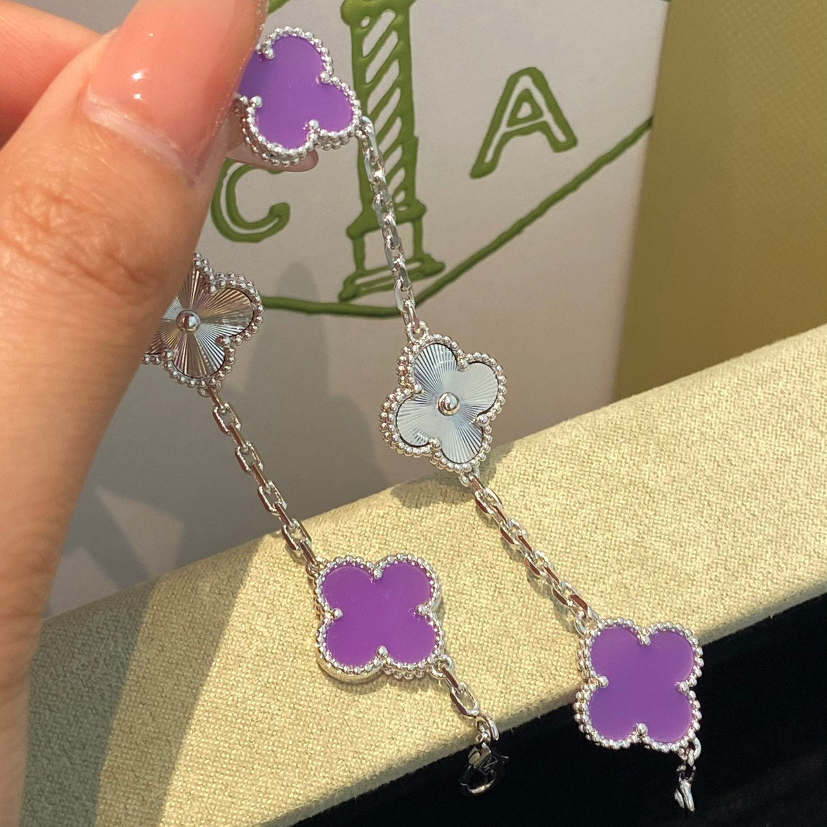 [Sophire Jewelry ]CLOVER  5 MOTIFS  PURPLE VIOLET BRACELET SILVER