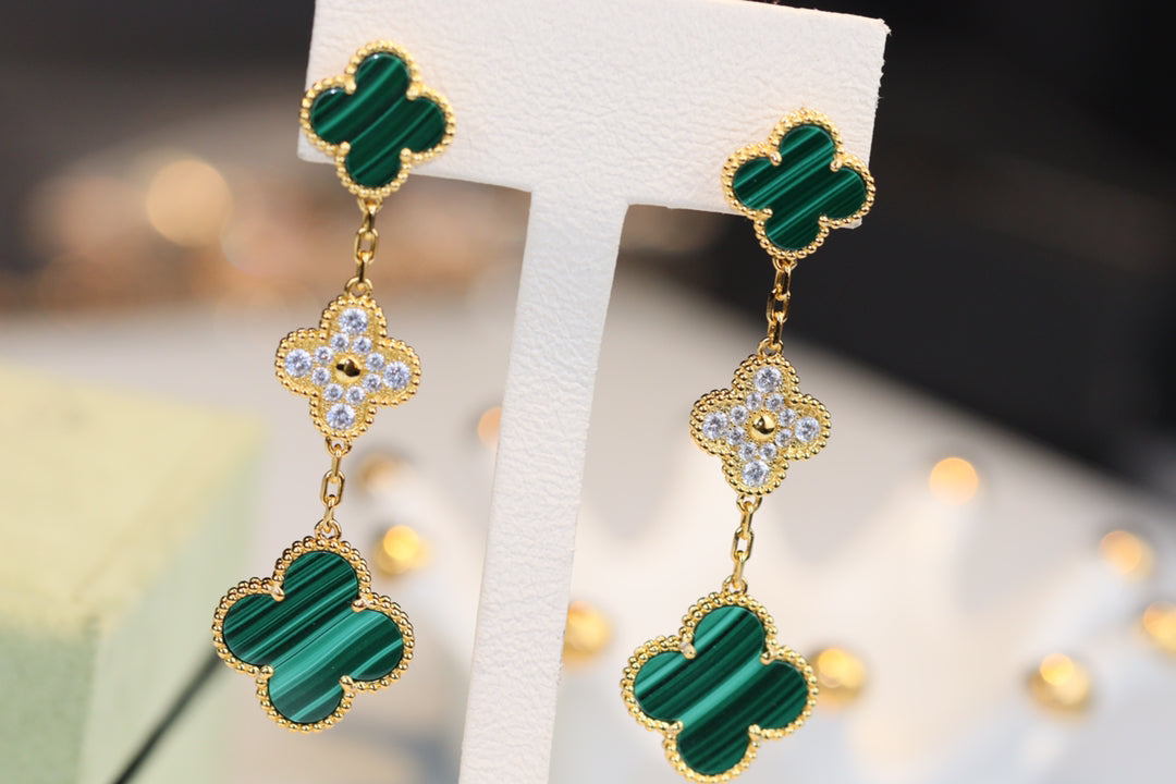 [Sophire Jewelry ]CLOVER EARRINGS GOLD MALACHITE DIAMOND 3 MOTIF