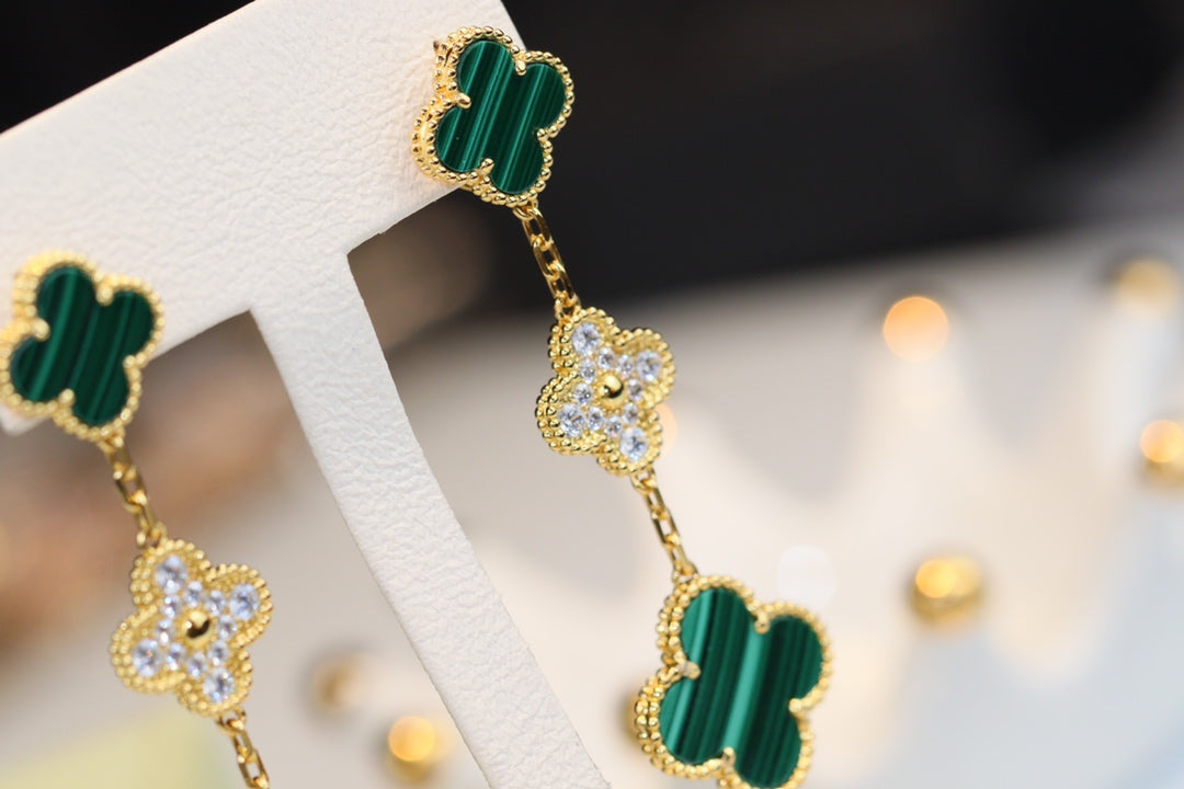 [Sophire Jewelry ]CLOVER EARRINGS GOLD MALACHITE DIAMOND 3 MOTIF