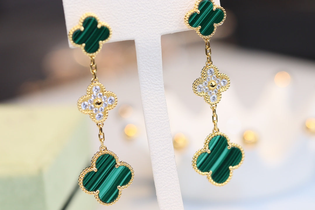 [Sophire Jewelry ]CLOVER EARRINGS GOLD MALACHITE DIAMOND 3 MOTIF