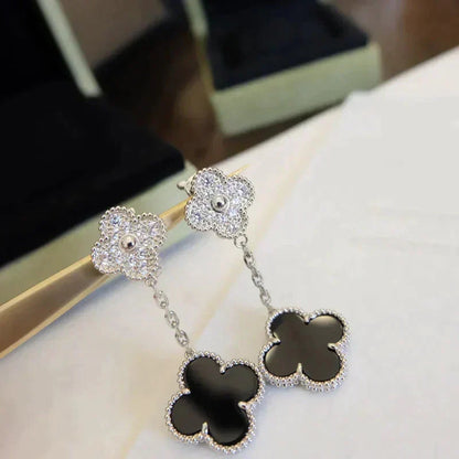 [Sophire Jewelry ]CLOVER 2 MOTIFS  DIAMOND ONYX EARRINGS SILVER