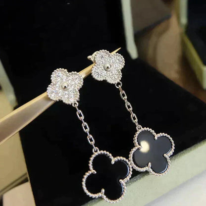 [Sophire Jewelry ]CLOVER 2 MOTIFS  DIAMOND ONYX EARRINGS SILVER