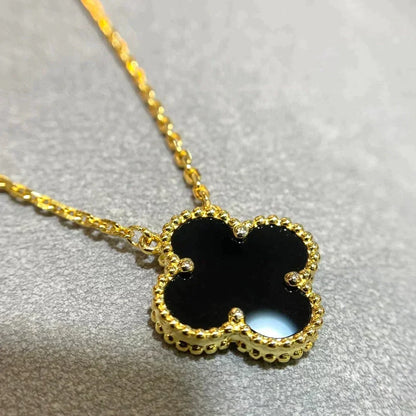 [Sophire Jewelry ]CLOVER 15MM BLACK ONYX SINGLE FLOWER NECKLACE