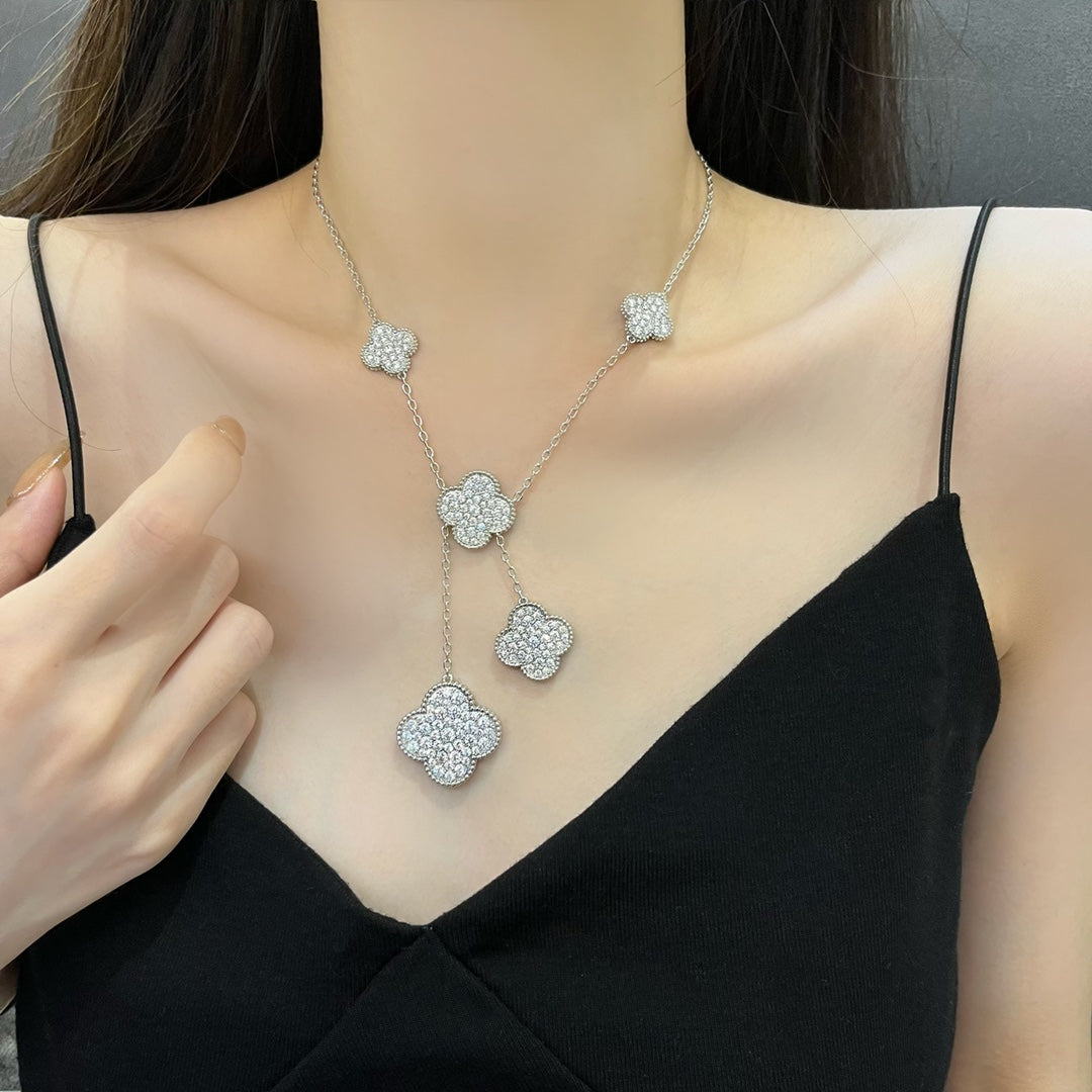 [Sophire Jewelry ]CLOVER 5 MOTIFS SILVER DIAMONDS NECKLACE