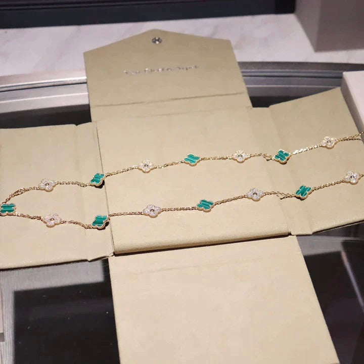 [Sophire Jewelry ]CLOVER 20 MOTIFS MALACHITE DIAMOND NECKLACE