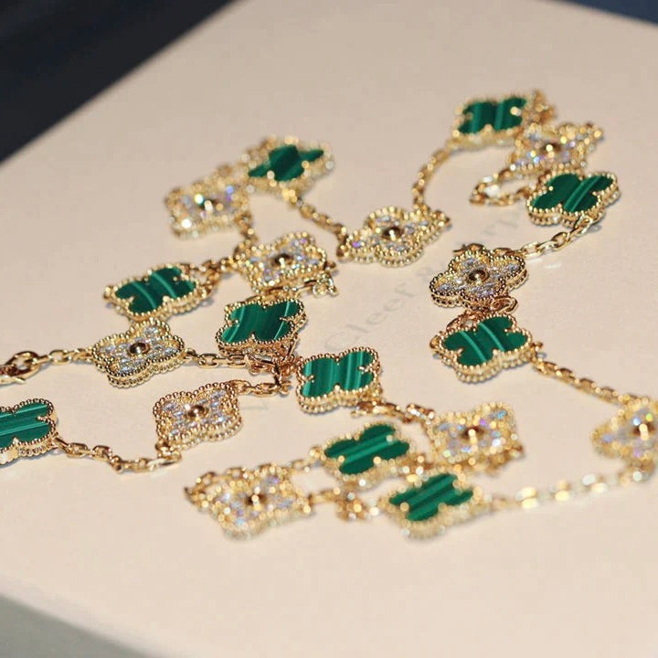 [Sophire Jewelry ]CLOVER 20 MOTIFS MALACHITE DIAMOND NECKLACE