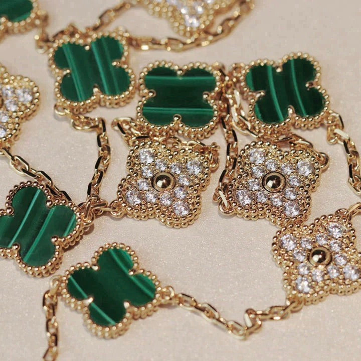 [Sophire Jewelry ]CLOVER 20 MOTIFS MALACHITE DIAMOND NECKLACE