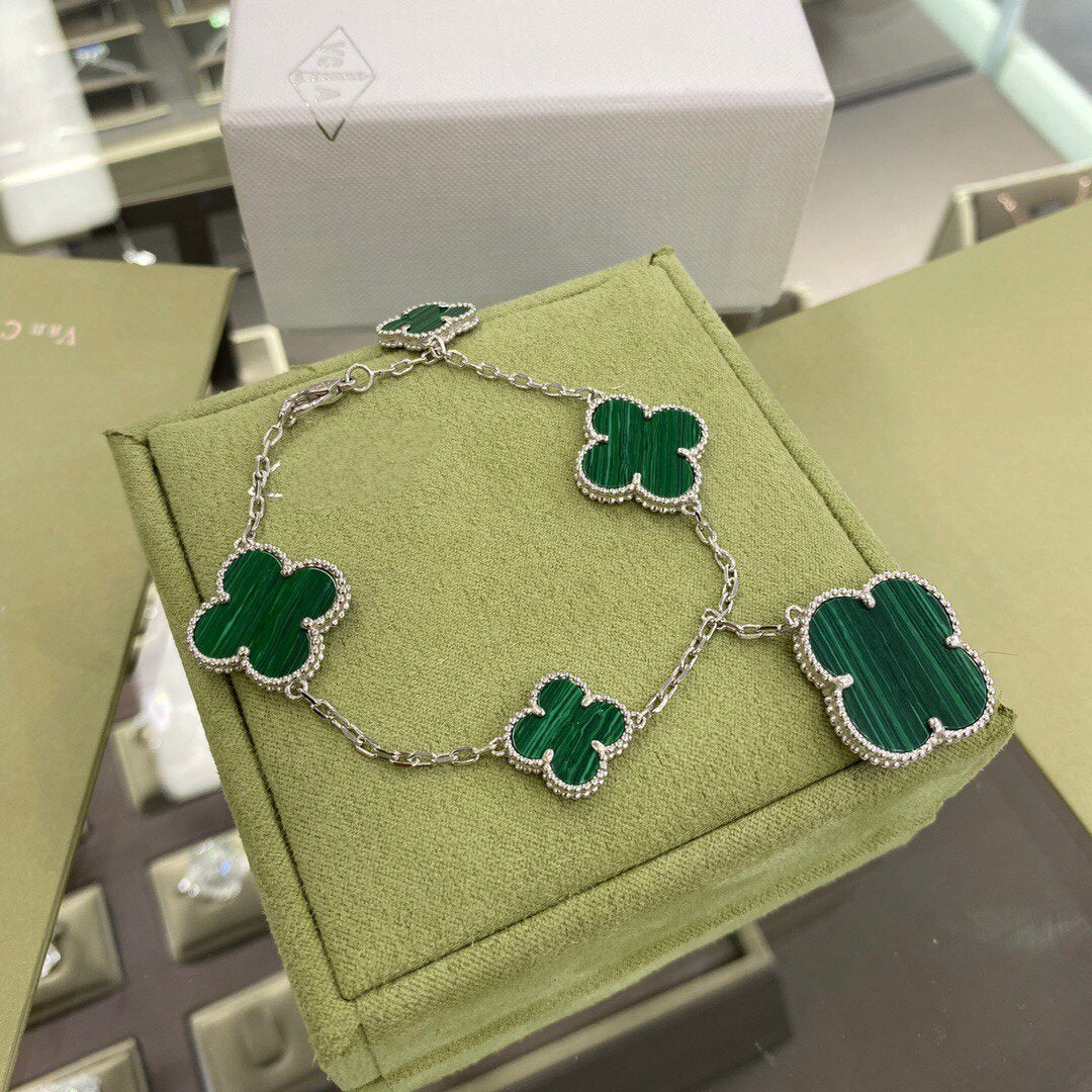 [Sophire Jewelry ]CLOVER 5 MOTIFS SIVLER MALACHITE BRACELET
