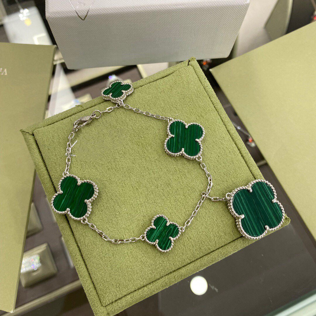 [Sophire Jewelry ]CLOVER 5 MOTIFS SIVLER MALACHITE BRACELET