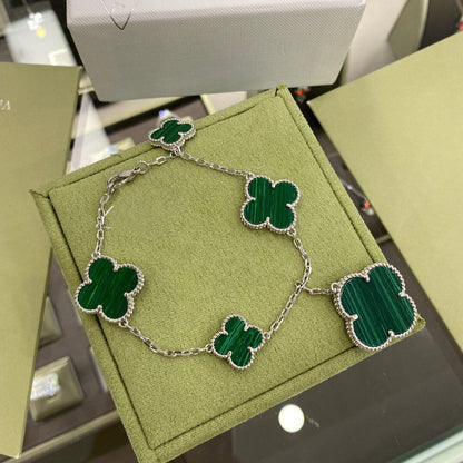 [Sophire Jewelry ]CLOVER 5 MOTIFS SIVLER MALACHITE BRACELET