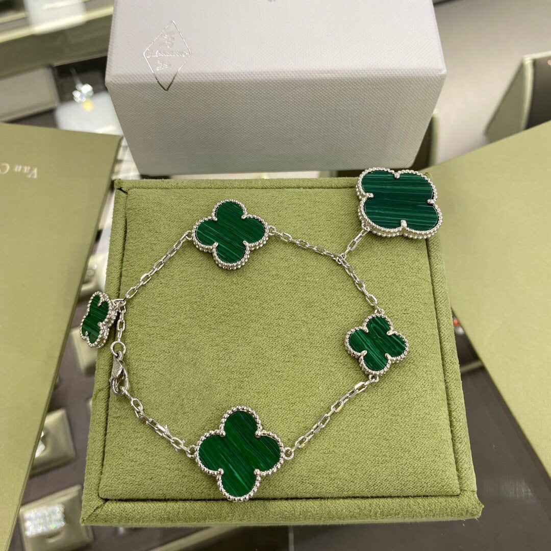 [Sophire Jewelry ]CLOVER 5 MOTIFS SIVLER MALACHITE BRACELET