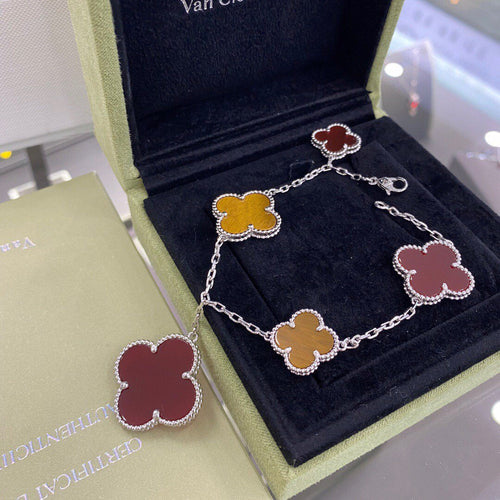 [Sophire Jewelry ]CLOVER 5 MOTIFS SIVLER CARNELIAN TIGER EYE BRACELET