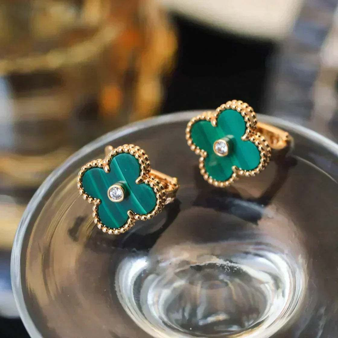 [Sophire Jewelry ]CLOVER MEDIUM 1 MOTIFS MALACHITE DIAMOND EARRINGS