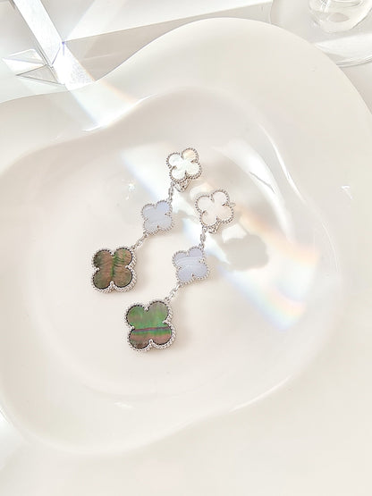 [Sophire Jewelry ]CLOVER 3 MOTIFS CHALCEDONY DARK MOP SILVER EARRINGS