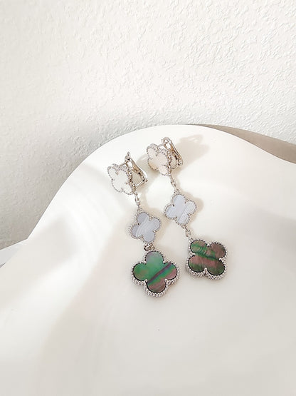 [Sophire Jewelry ]CLOVER 3 MOTIFS CHALCEDONY DARK MOP SILVER EARRINGS