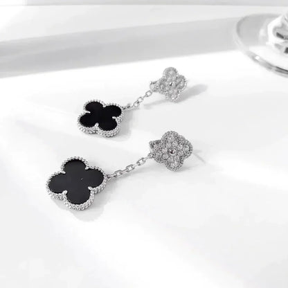 [Sophire Jewelry ]CLOVER 2 MOTIFS  DIAMOND ONYX EARRINGS SILVER