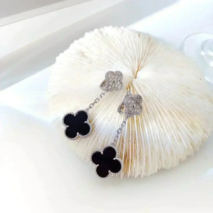 [Sophire Jewelry ]CLOVER 2 MOTIFS  DIAMOND ONYX EARRINGS SILVER