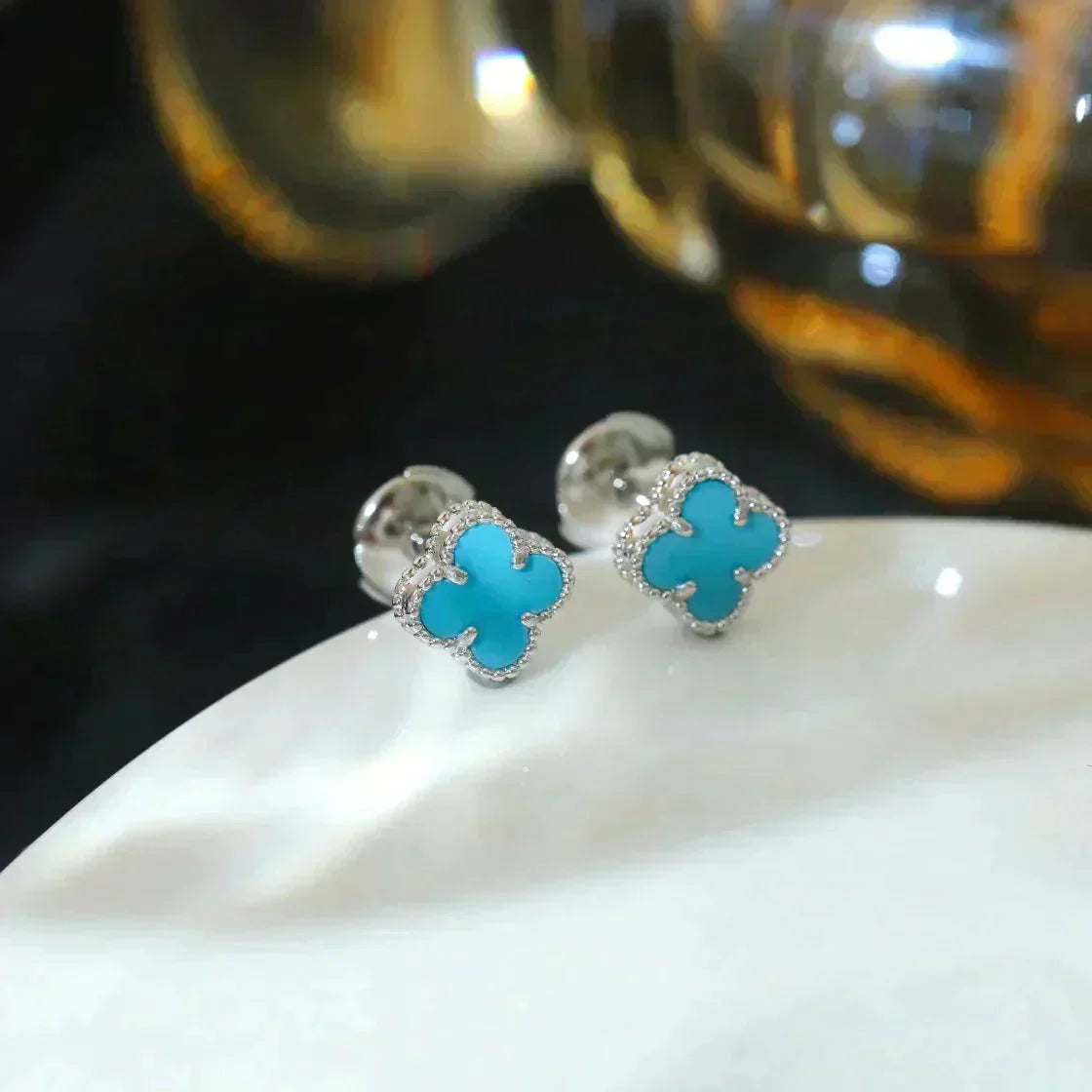 [Sophire Jewelry ]CLOVER MINI 9.5MM ONYX STUD EARRINGS SILVER