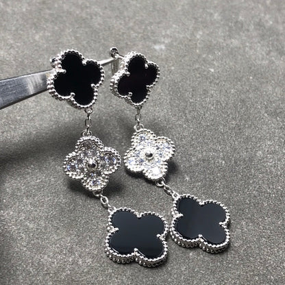 [Sophire Jewelry ]CLOVER 3 MOTIF DIAMOND ONYX SILVER EARRINGS