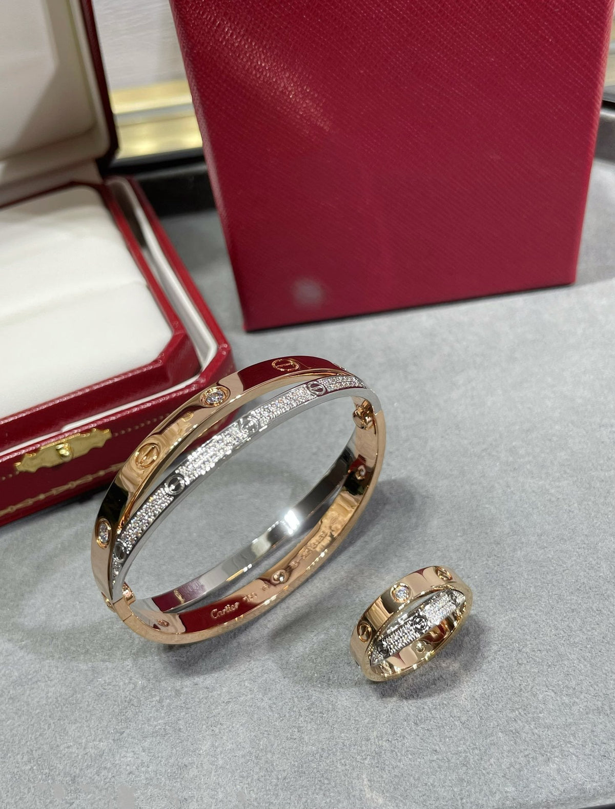 [Sophire Jewelry ]LOVE PINK GOLD SILVER DIAMOND DOUBLE RING