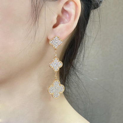 [Sophire Jewelry ]CLOVER 3 MOTIFS DIAMOND PAVED ROSE GOLD EARRINGS
