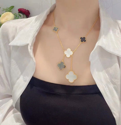 [Sophire Jewelry ]CLOVER 6 MOTIF MOP ONYX GOLD NECKLACE