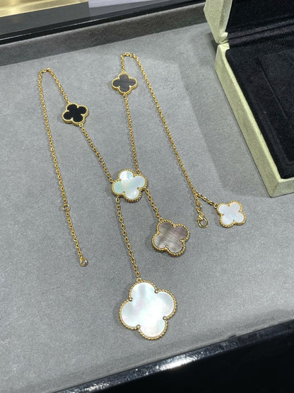 [Sophire Jewelry ]CLOVER 6 MOTIF MOP ONYX GOLD NECKLACE