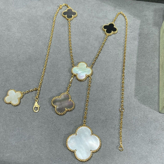 [Sophire Jewelry ]CLOVER 6 MOTIF MOP ONYX GOLD NECKLACE