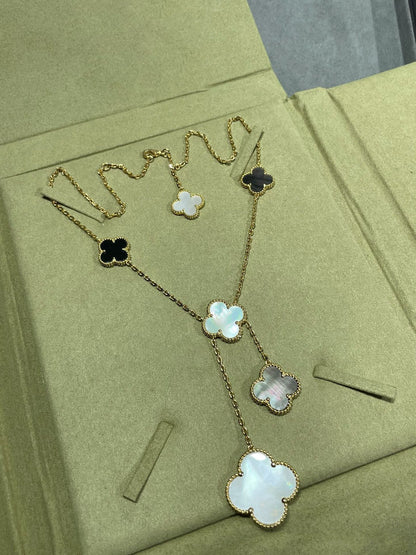 [Sophire Jewelry ]CLOVER 6 MOTIF MOP ONYX GOLD NECKLACE