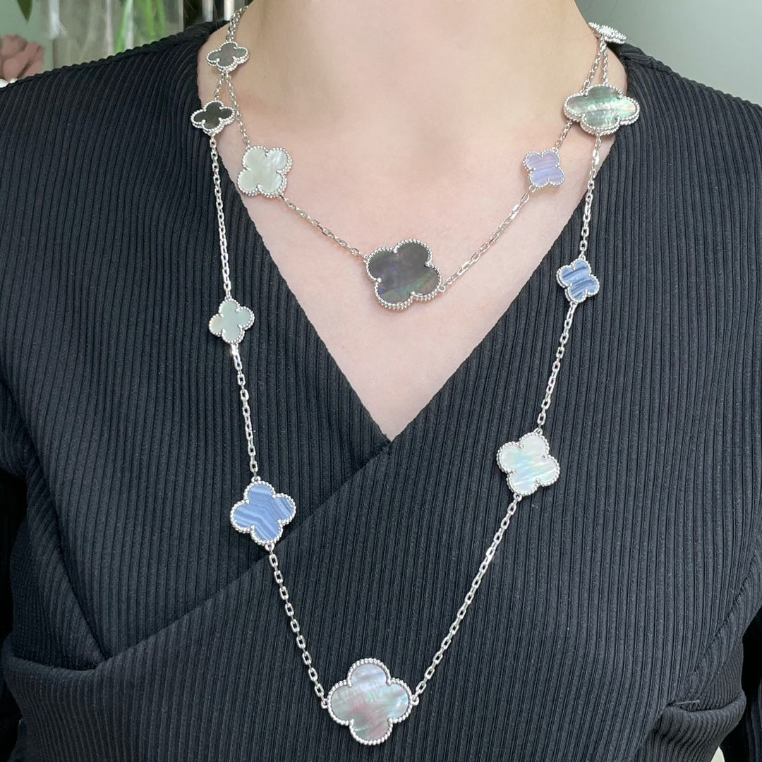 [Sophire Jewelry ]CLOVER 16 MOTIF CHALCEDONY MOP SILVER NECKLACE