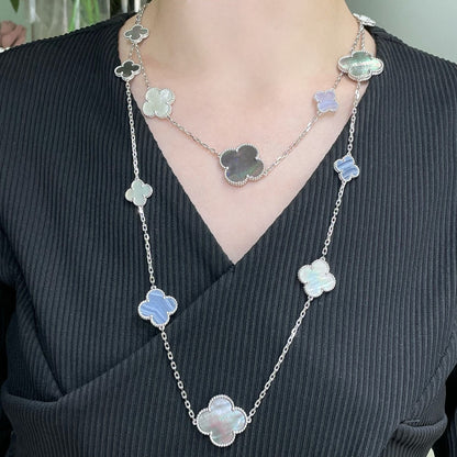 [Sophire Jewelry ]CLOVER 16 MOTIF CHALCEDONY MOP SILVER NECKLACE