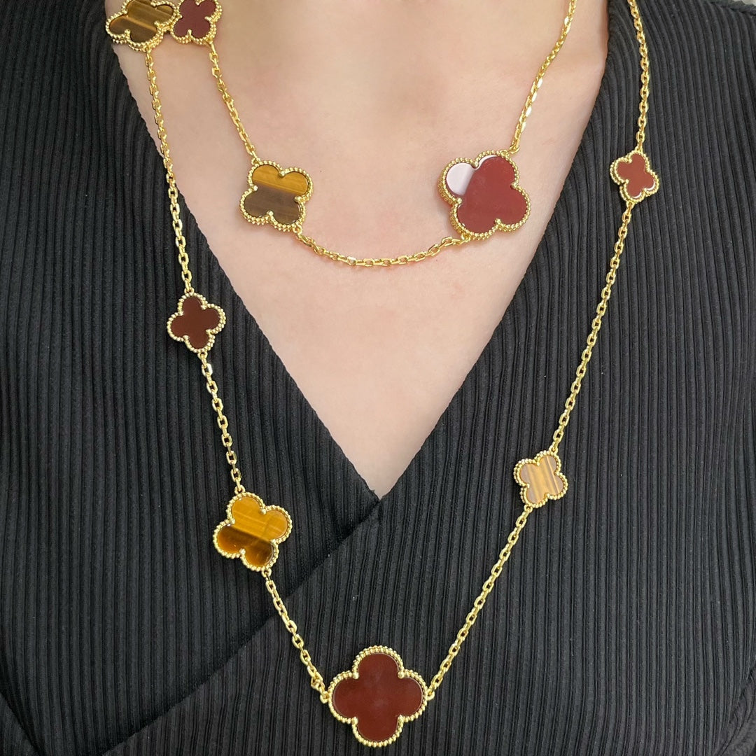 [Sophire Jewelry ]CLOVER 16 MOTIF CARNELIAN TIGER EYE ROSE GOLD NECKLACE