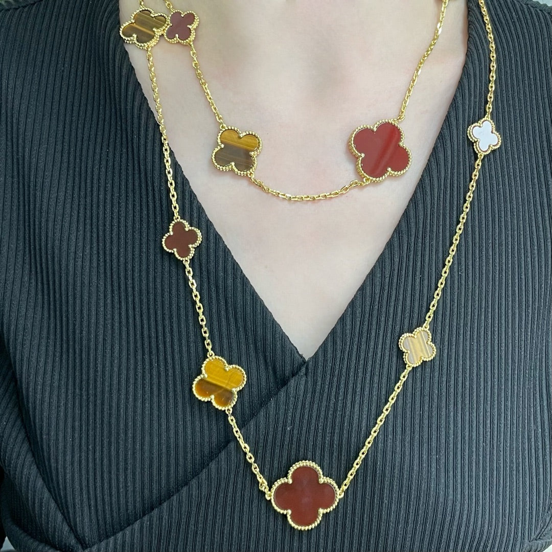 [Sophire Jewelry ]CLOVER 16 MOTIF CARNELIAN TIGER EYE ROSE GOLD NECKLACE