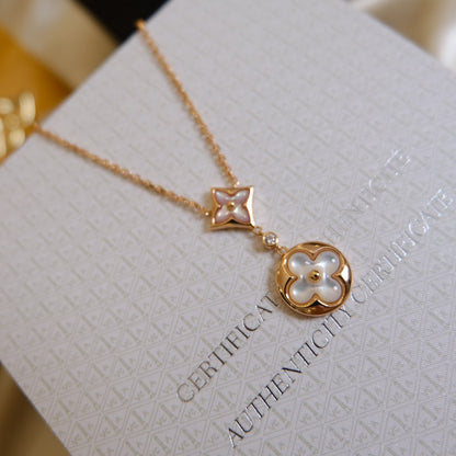 [Sophire Jewelry ]STAR AND SUN WHITE MOP 2 MOTIF PINK GOLD NECKLACE