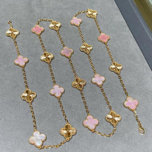 [Sophire Jewelry ]CLOVER 20 MOTIFS LASER PINK MOP NECKLACE