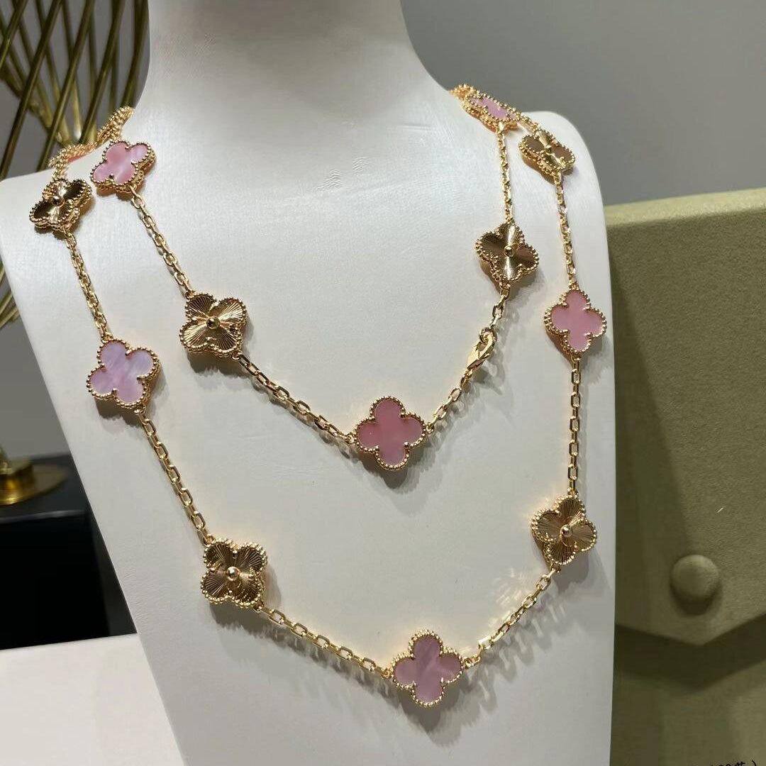 [Sophire Jewelry ]CLOVER 20 MOTIFS LASER PINK MOP NECKLACE