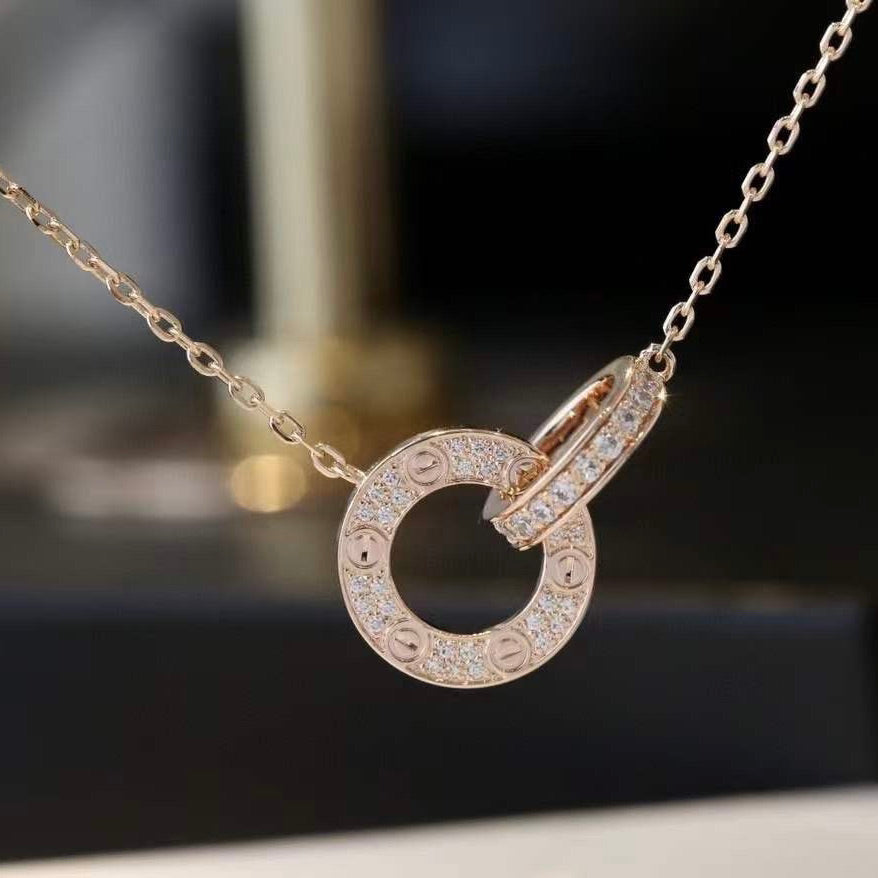 [Sophire Jewelry ]LOVE 7.6MM NECKLACE ROSE GOLD AND SILVER  FULL DIAMOND
