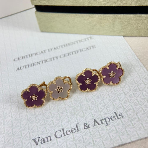 [Sophire Jewelry]NEW PURPLE PLUM FRAGRANCE PLUM BLOSSOM GOLD EARRINGS