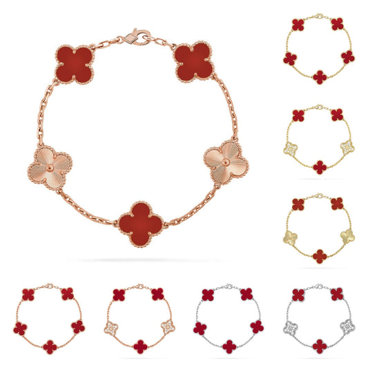 [Sophire]LUCKY CLOVER 5-MOTIF BRACELET - RED CARNELIAN COLLECTION