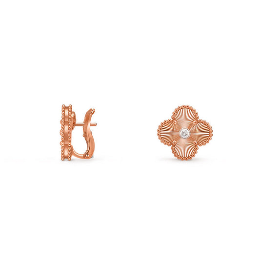 [Sophire]15MM CLOVER FLOWER STUD EARRINGS DIAMOND-ROSE GOLD COLLECTION